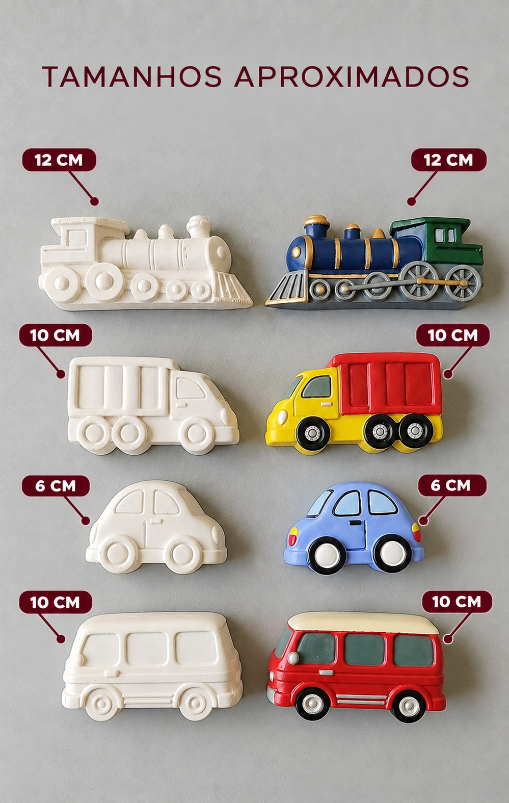 Esculturas de gesso de trem, caminhão, carro e van em branco e pintadas, com os tamanhos aproximados de 6 a 12 centímetros